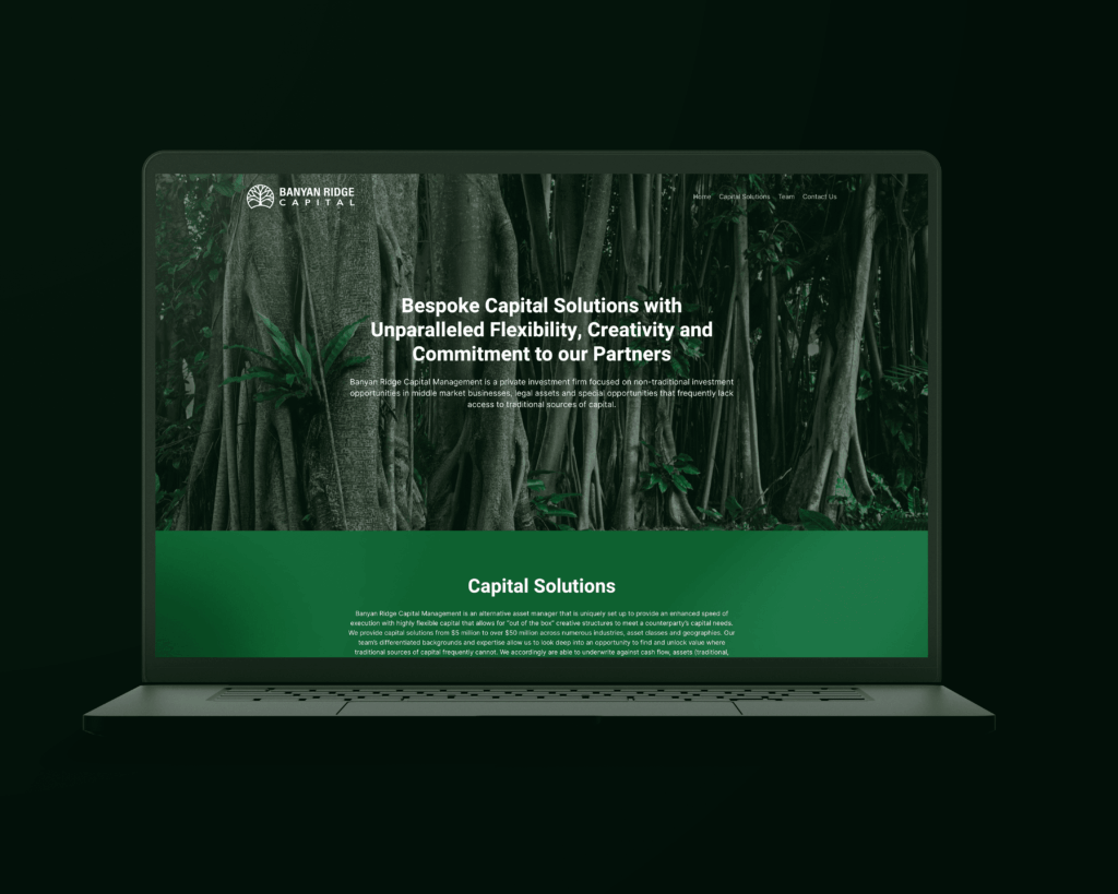 Laptop showing Banyan Ridge Capital's professional website design, offering bespoke capital solutions with flexibility and creativity.