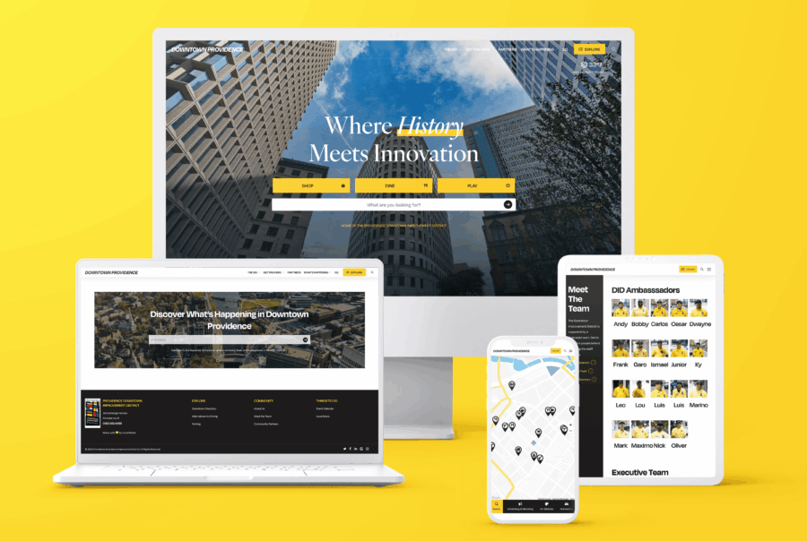 Custom website design for Downtown Providence on devices, featuring events, map, team page—"Where History Meets Innovation."