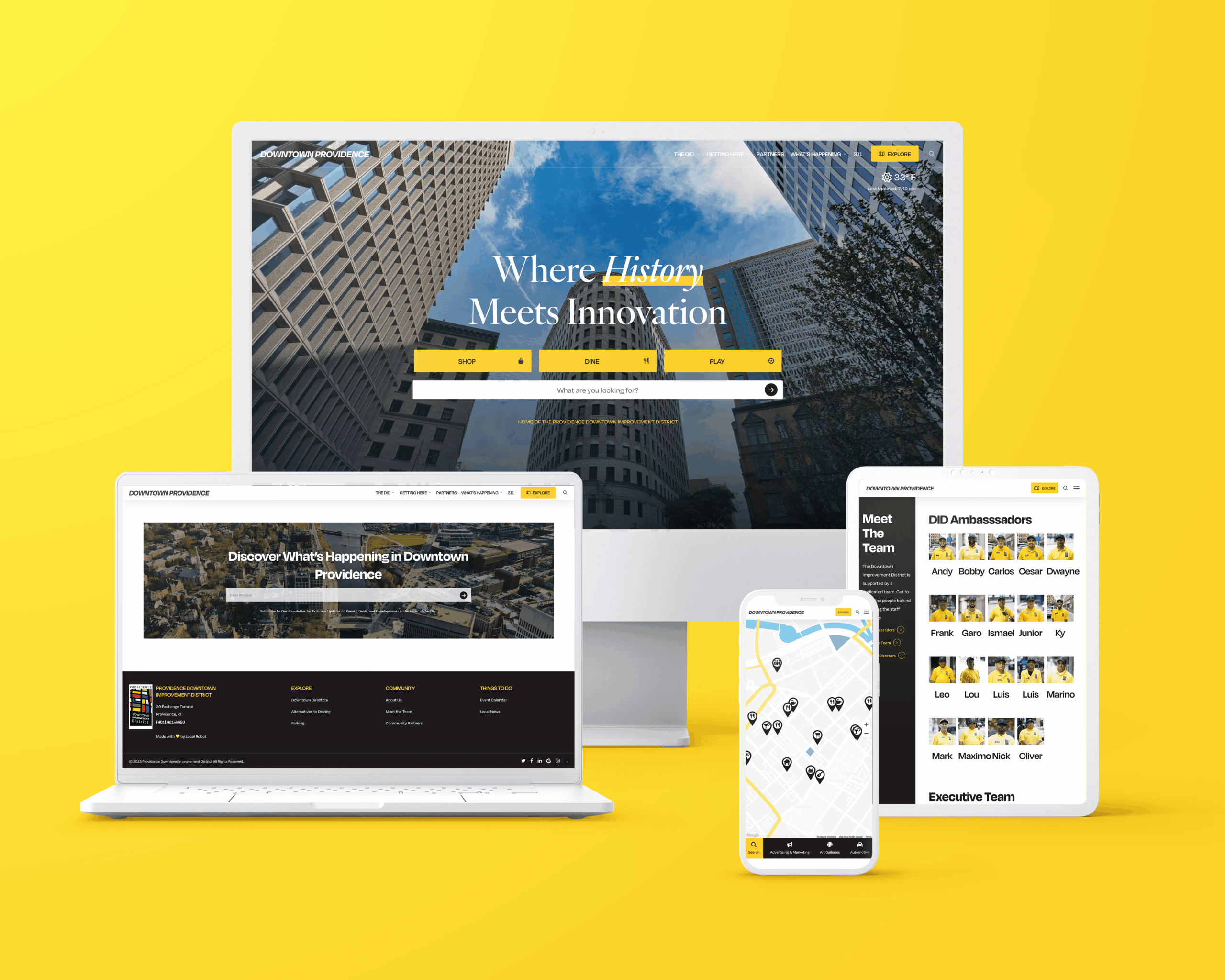 Custom website design for Downtown Providence on devices, featuring events, map, team page—"Where History Meets Innovation."