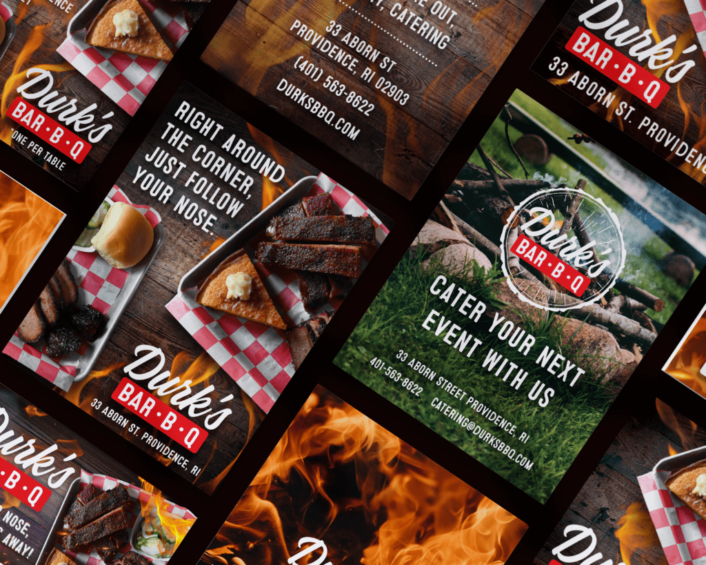 Magazine ad for Durk's BBQ with text: "Right Around the Corner—Just Follow Your Nose" and "Cater Your Next Event With Us."