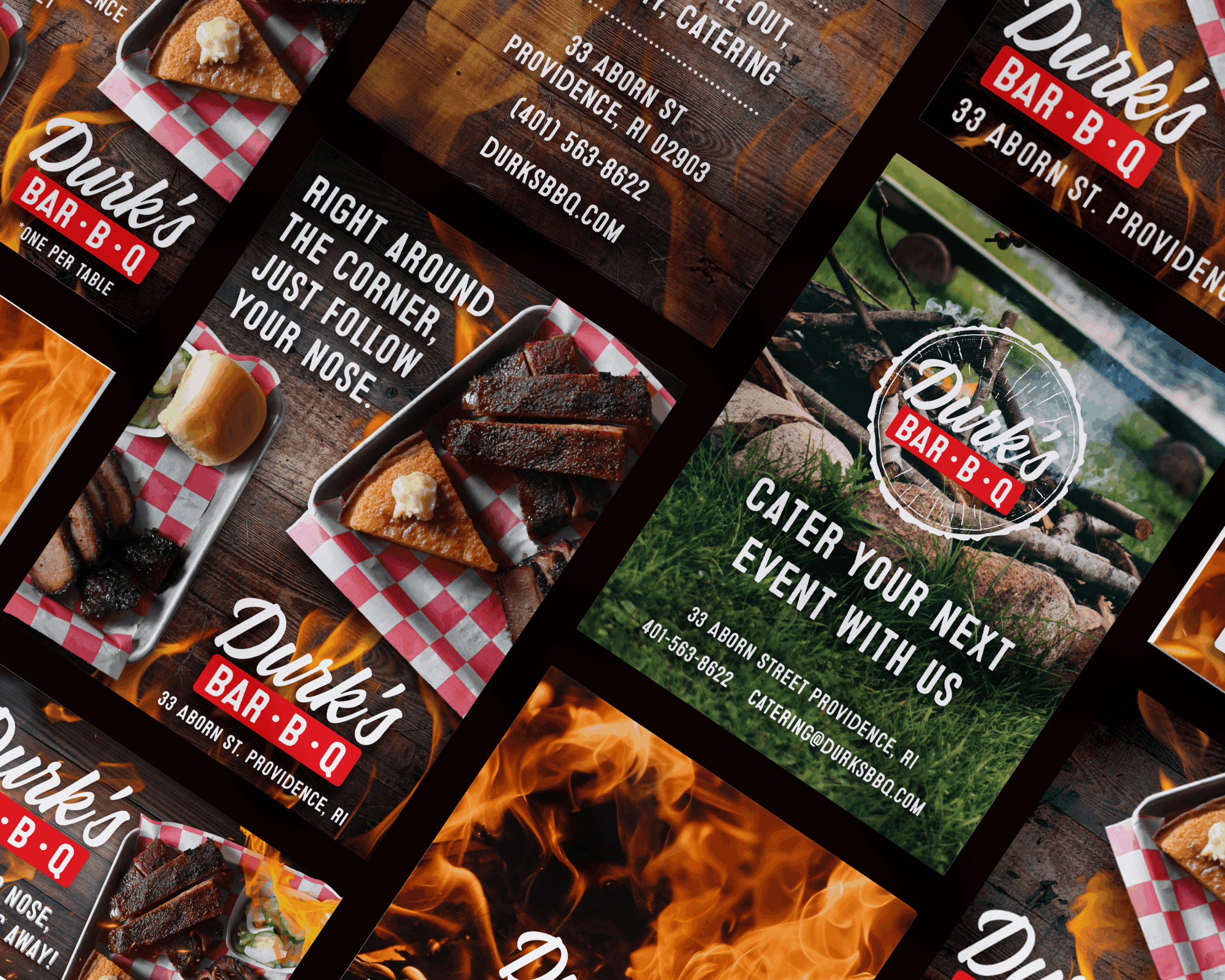 Magazine ad for Durk's BBQ with text: "Right Around the Corner—Just Follow Your Nose" and "Cater Your Next Event With Us."