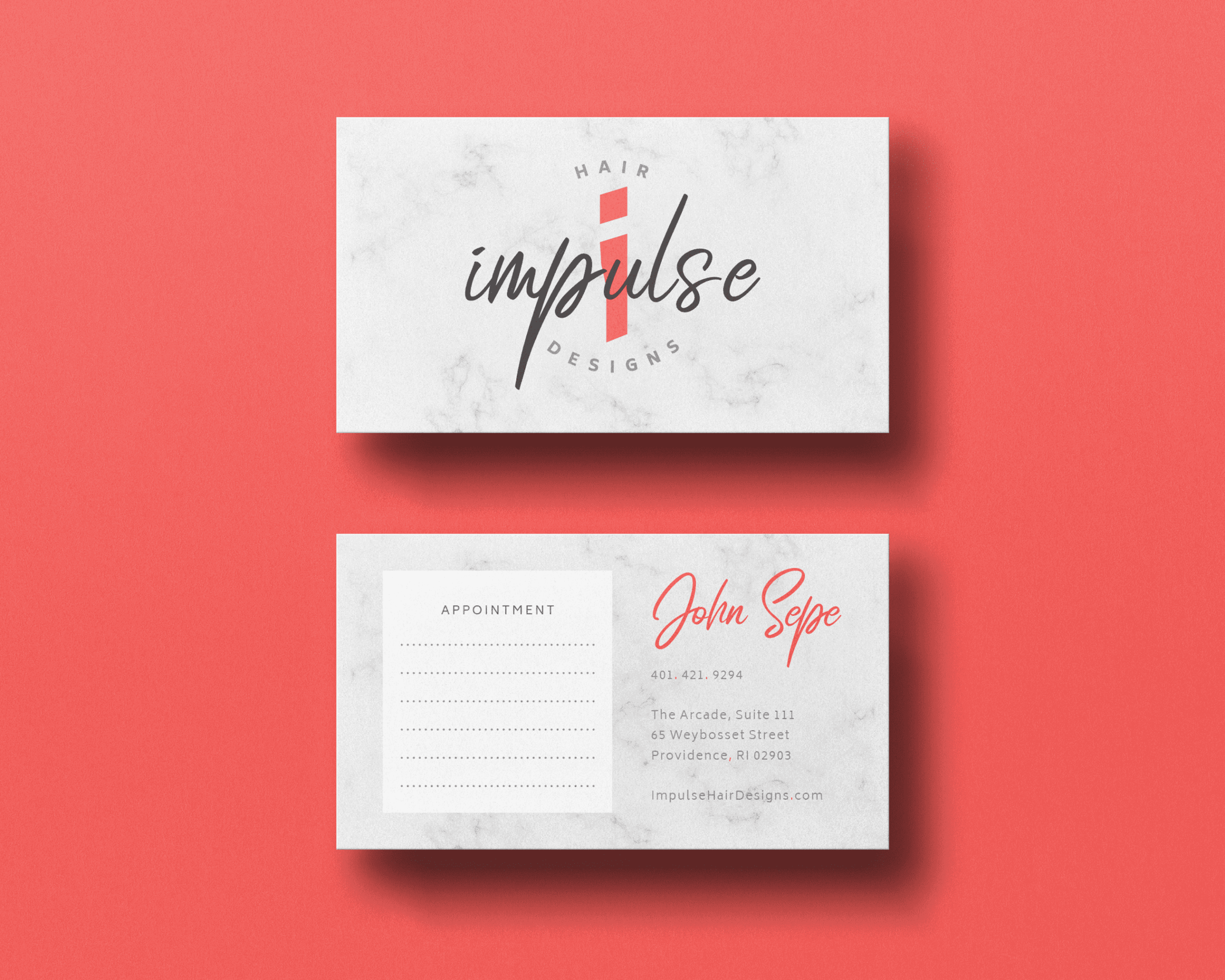 Impulse Hair Designs business card design featuring custom logo, contact info, and appointment area on marble and coral background.