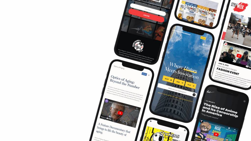 Mobile web design showcasing fashion events, documentaries, anime censorship, and Downtown Providence's website.