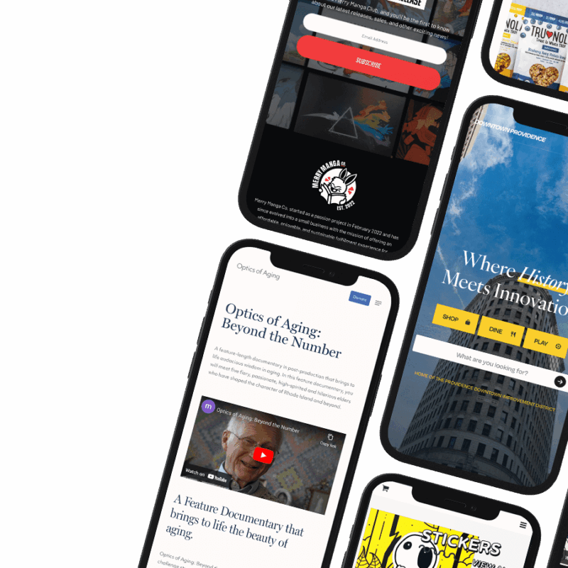 Mobile web design showcasing fashion events, documentaries, anime censorship, and Downtown Providence's website.