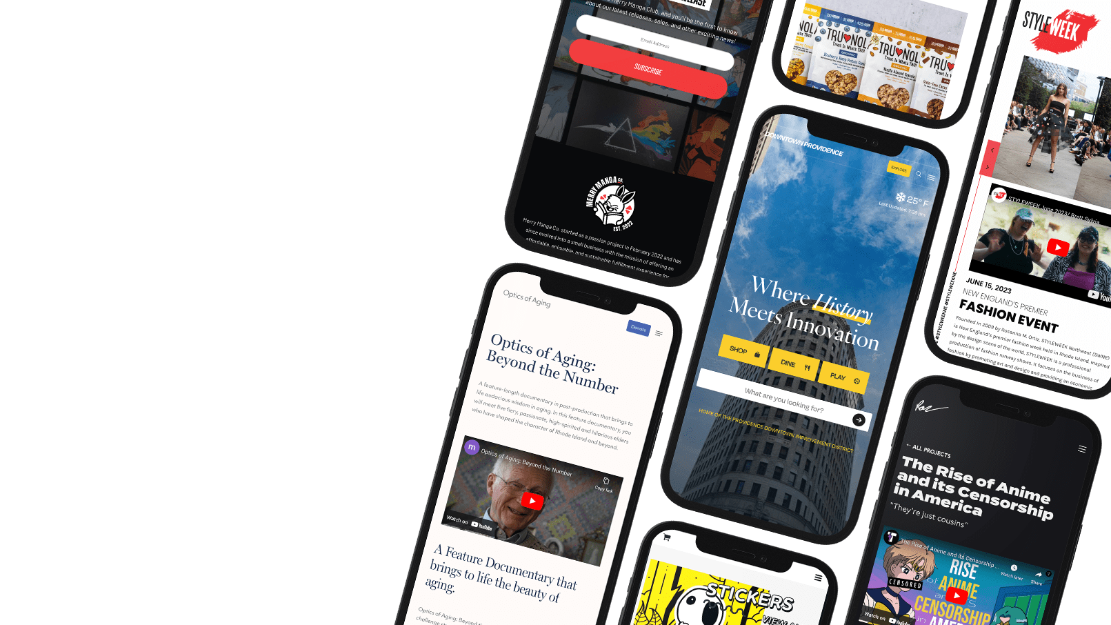 Mobile web design showcasing fashion events, documentaries, anime censorship, and Downtown Providence's website.