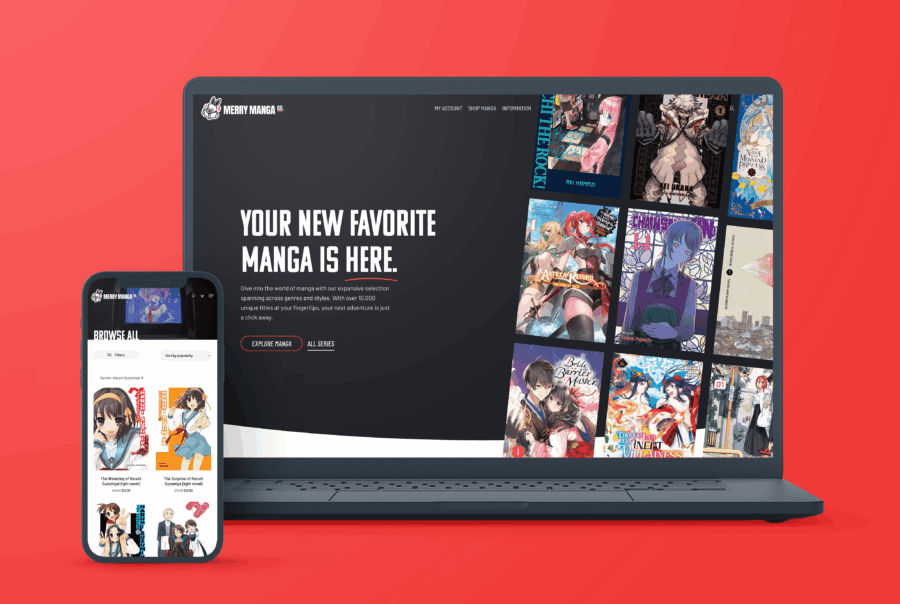 Laptop and phone displaying Merry Manga Co ecommerce website promoting "Your New Favorite Manga Is Here" on a red background.