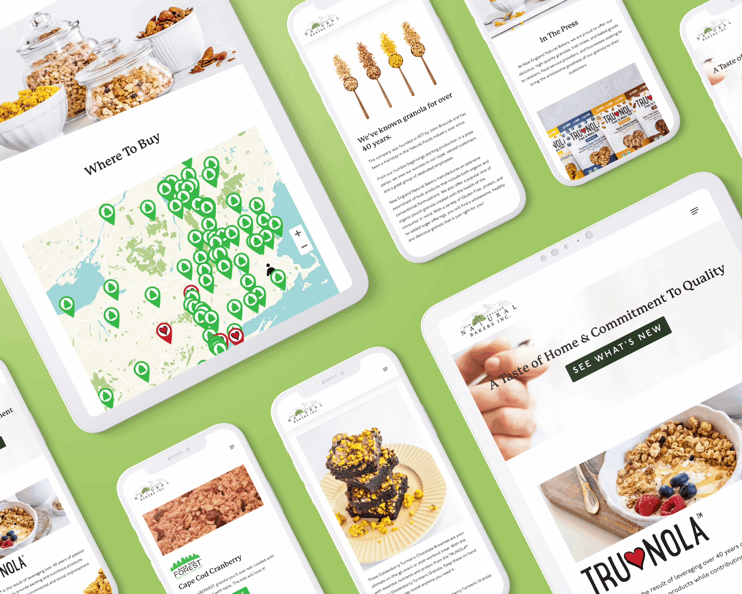 Company website displayed on devices highlighting granola products, store locator map, and TruNola promotion against a green background.