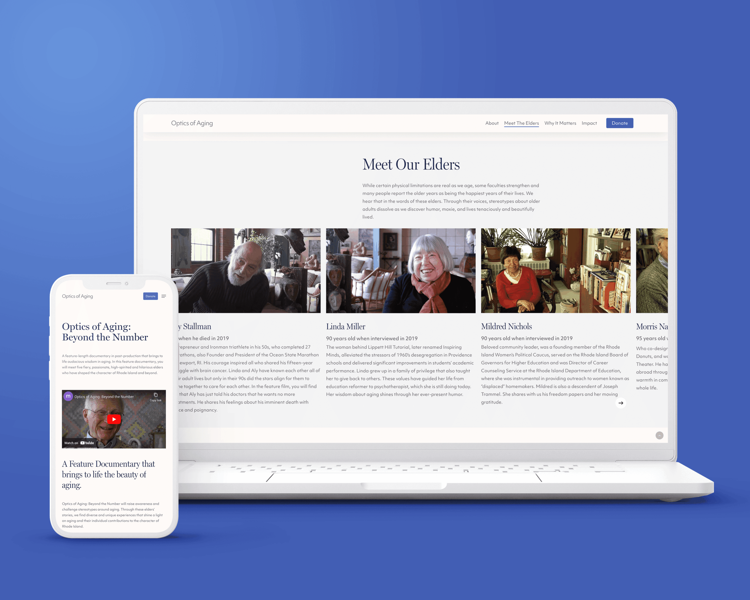 Laptop and phone displaying "Optics of Aging" documentary website featuring elders' stories about aging's beauty, against a blue background.