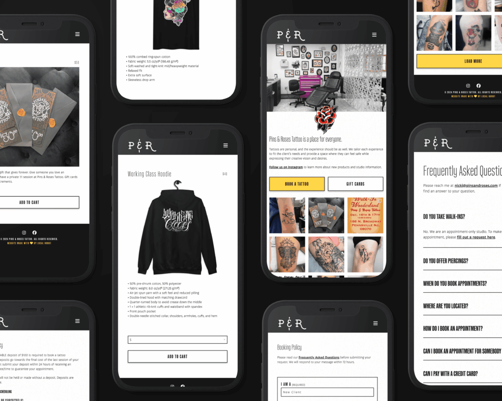 Mobile screens displaying tattoo artist website P&R Tattoo with booking, gift cards, FAQs, and hoodies for sale.