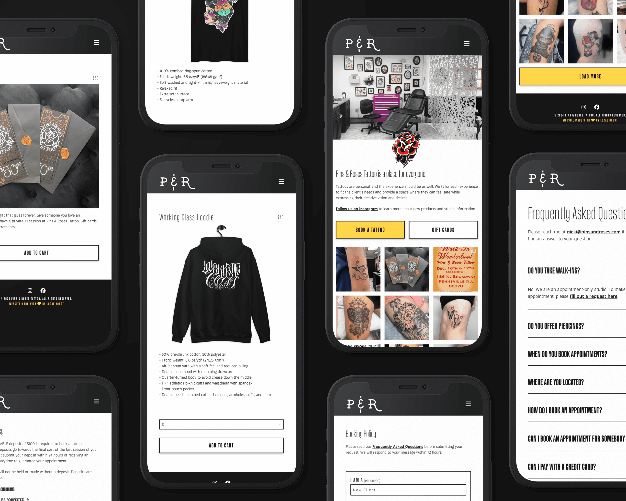 Mobile screens displaying tattoo artist website P&R Tattoo with booking, gift cards, FAQs, and hoodies for sale.