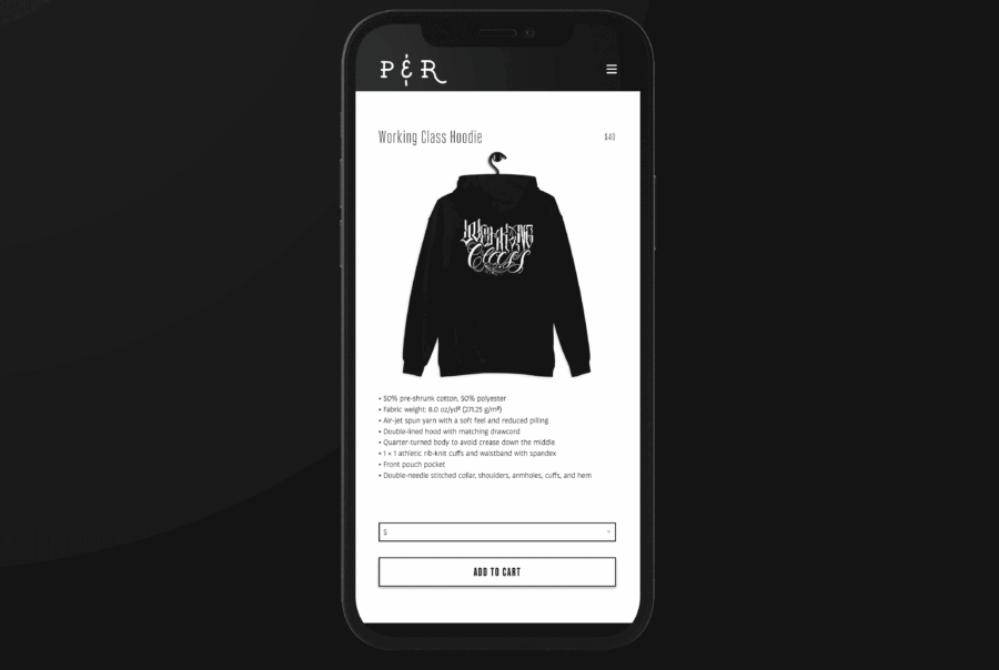 Mobile screen displaying Pins and Roses eCommerce solution. Product page for  "Working Class Hoodie," $40, product details, and Add to Cart button.