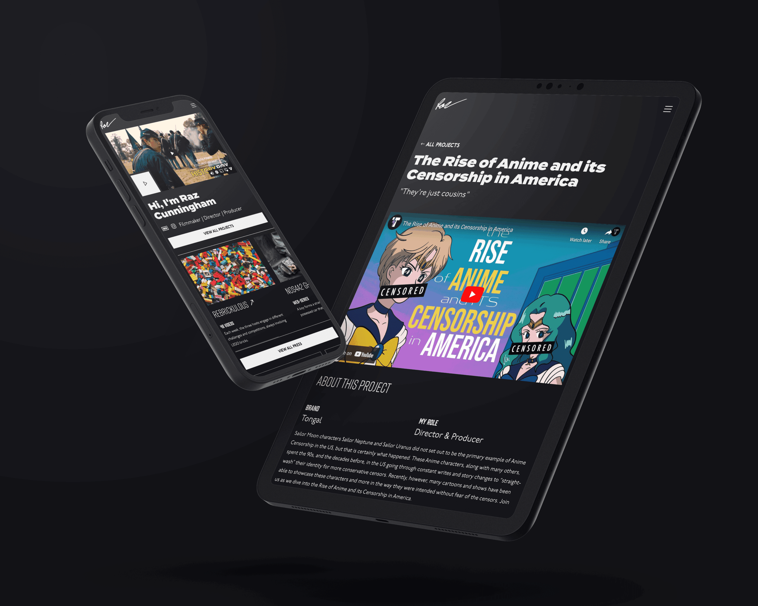 Mobile screens showcasing filmmaker Raz Cunningham's anime censorship project featuring Sailor Moon imagery.