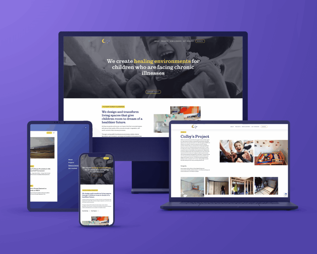 Non profit website design for Room to Dream, showcasing healing environments for children with chronic illnesses on multiple devices.