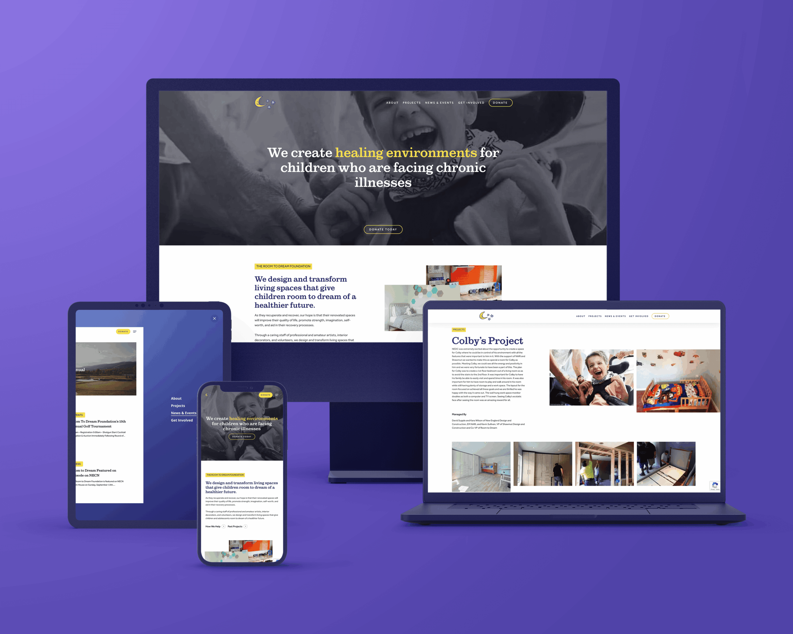 Non profit website design for Room to Dream, showcasing healing environments for children with chronic illnesses on multiple devices.