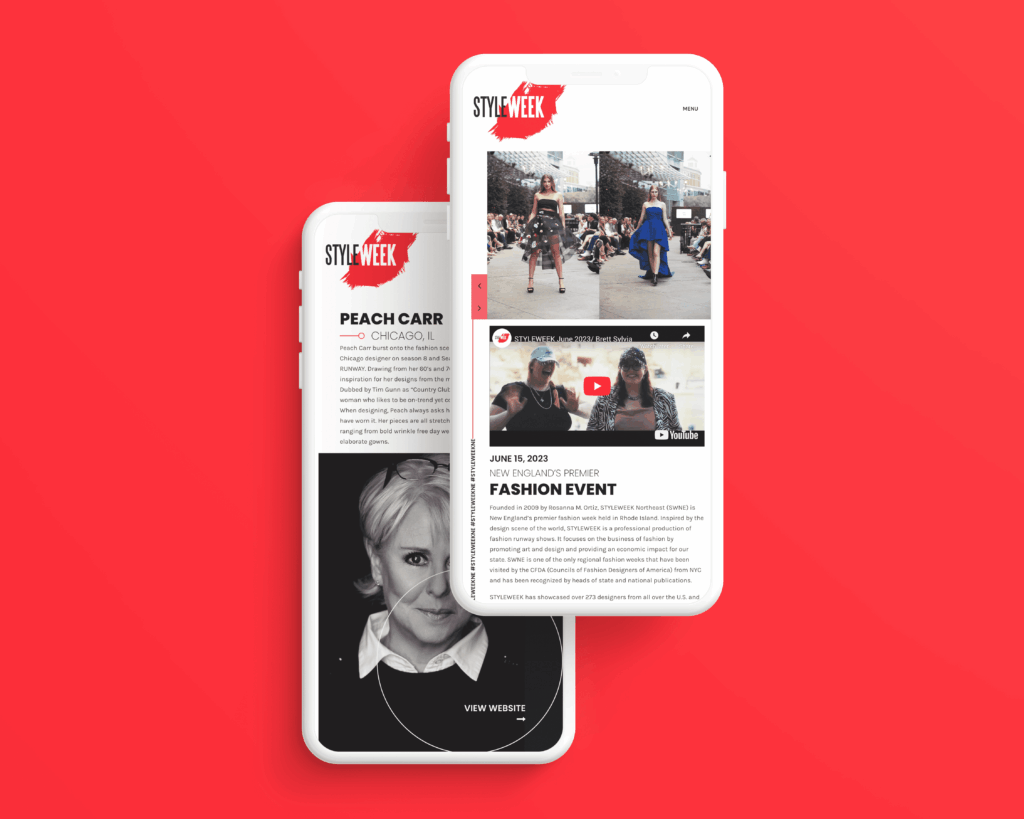 Mobile screens with fashion website design showcasing Peach Carr feature and June 2023 StyleWeek event details on a bold red background.