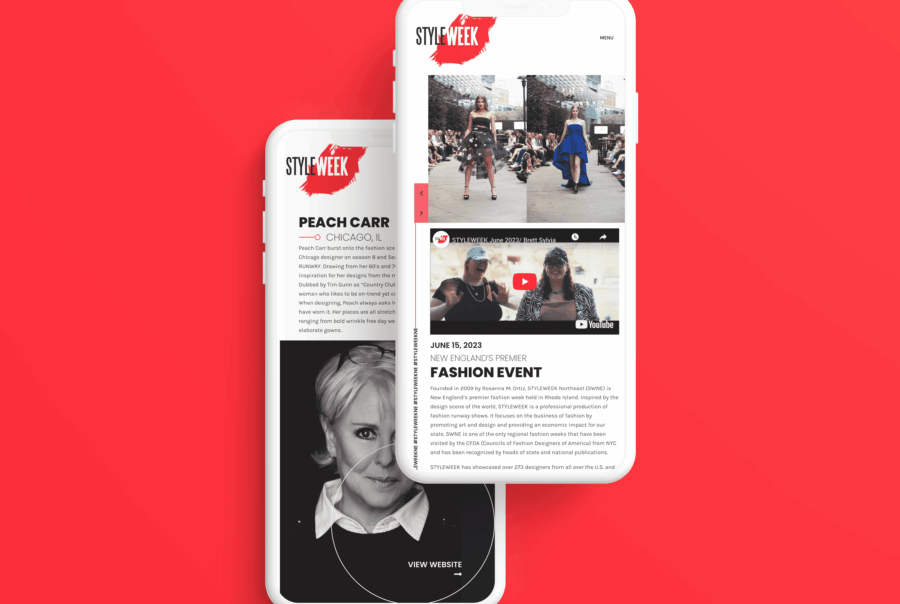 Mobile screens with fashion website design showcasing Peach Carr feature and June 2023 StyleWeek event details on a bold red background.