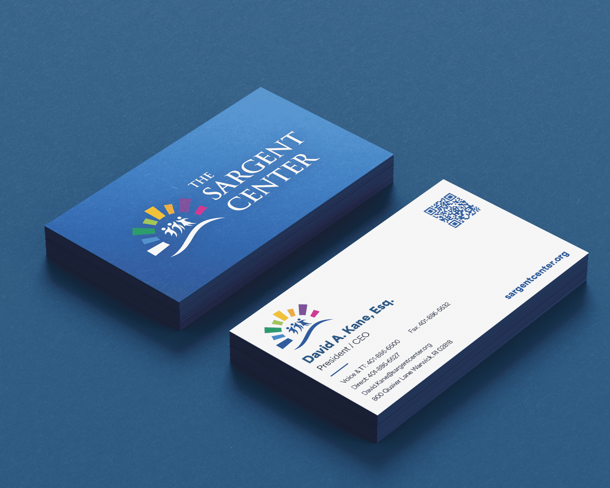 Business card design for The Sargent Center featuring a vibrant logo and QR code on a blue background.