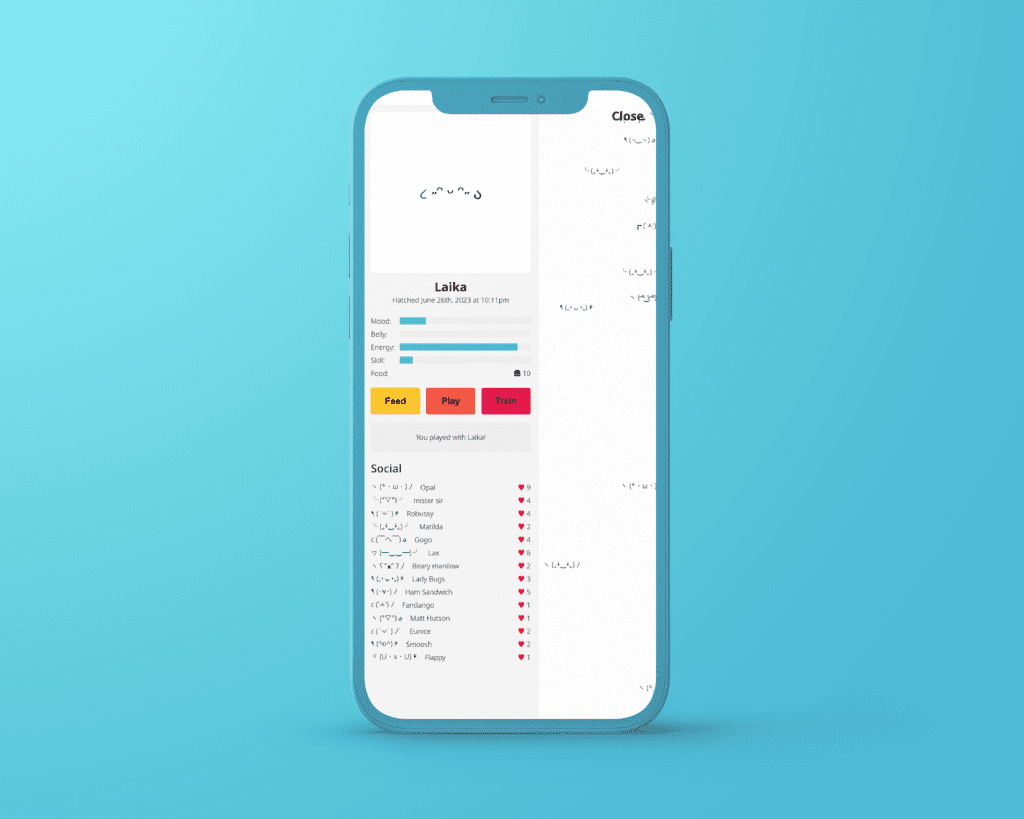 Virtual pet game app showing stats—Mood, Energy, Food—with Feed, Play, and Train buttons.