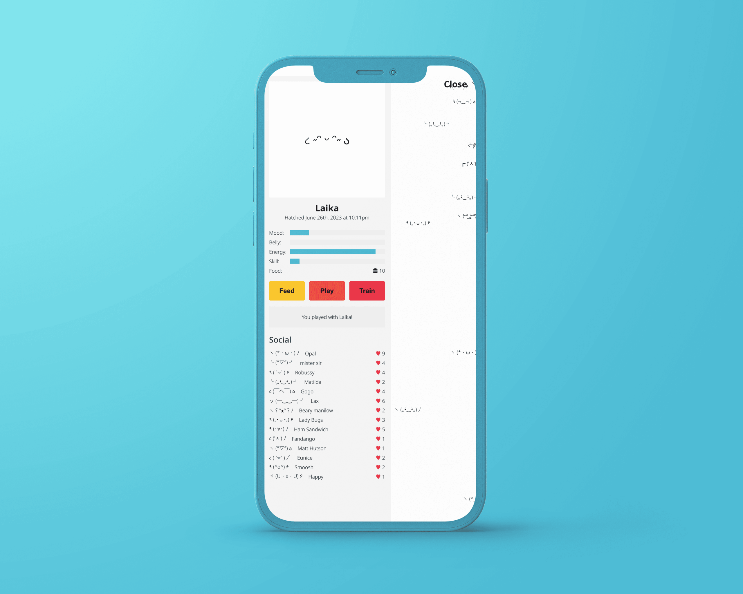 Virtual pet game app showing stats—Mood, Energy, Food—with Feed, Play, and Train buttons.