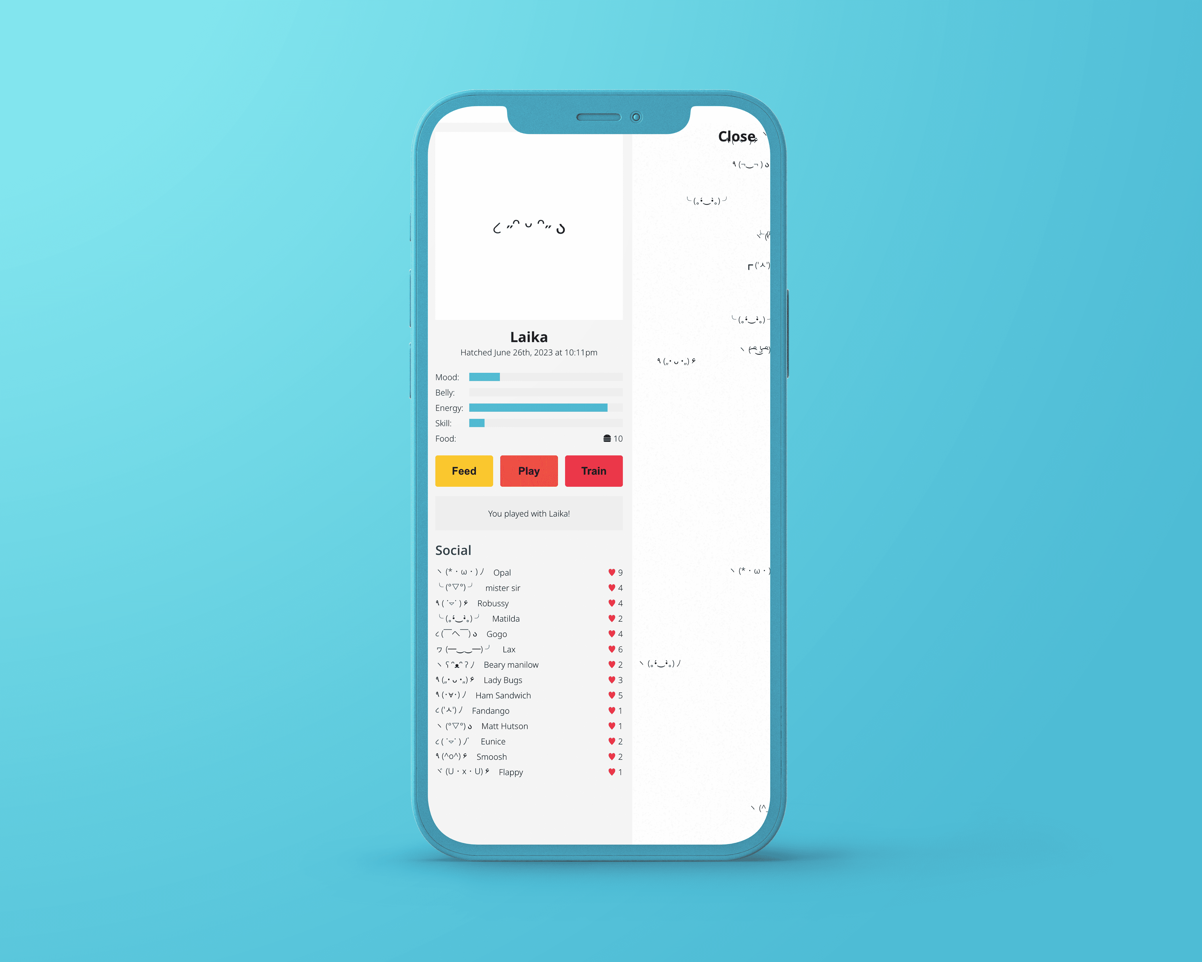 Virtual pet game app showing stats—Mood, Energy, Food—with Feed, Play, and Train buttons.
