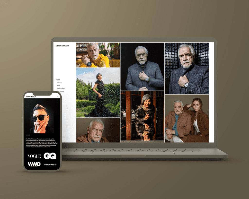 Laptop and smartphone displaying Venk Modur's fashion photography portfolio website design with diverse portraits.