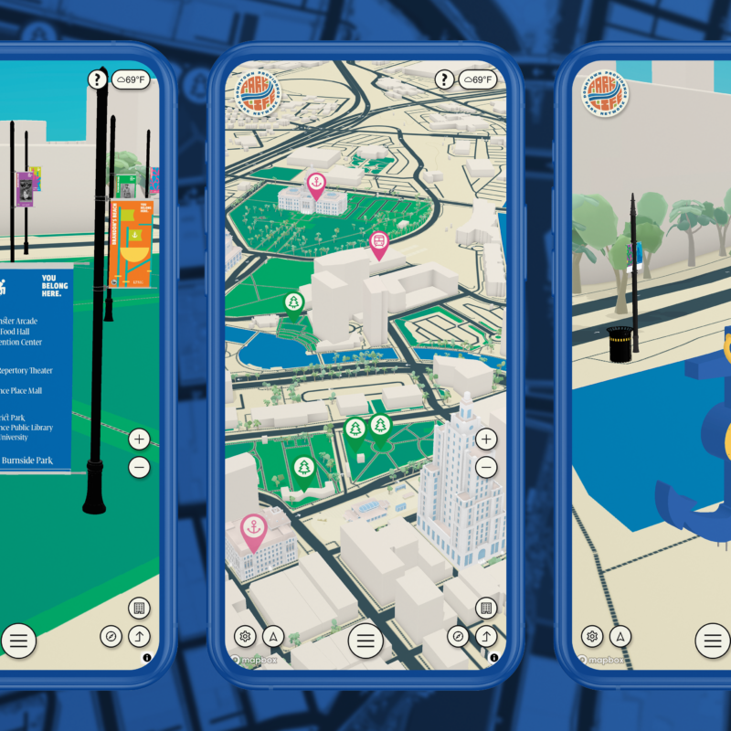 3D Providence Map for Downtown Providence Park Network displayed on three smartphone screens, showing detailed park routes and landmarks.