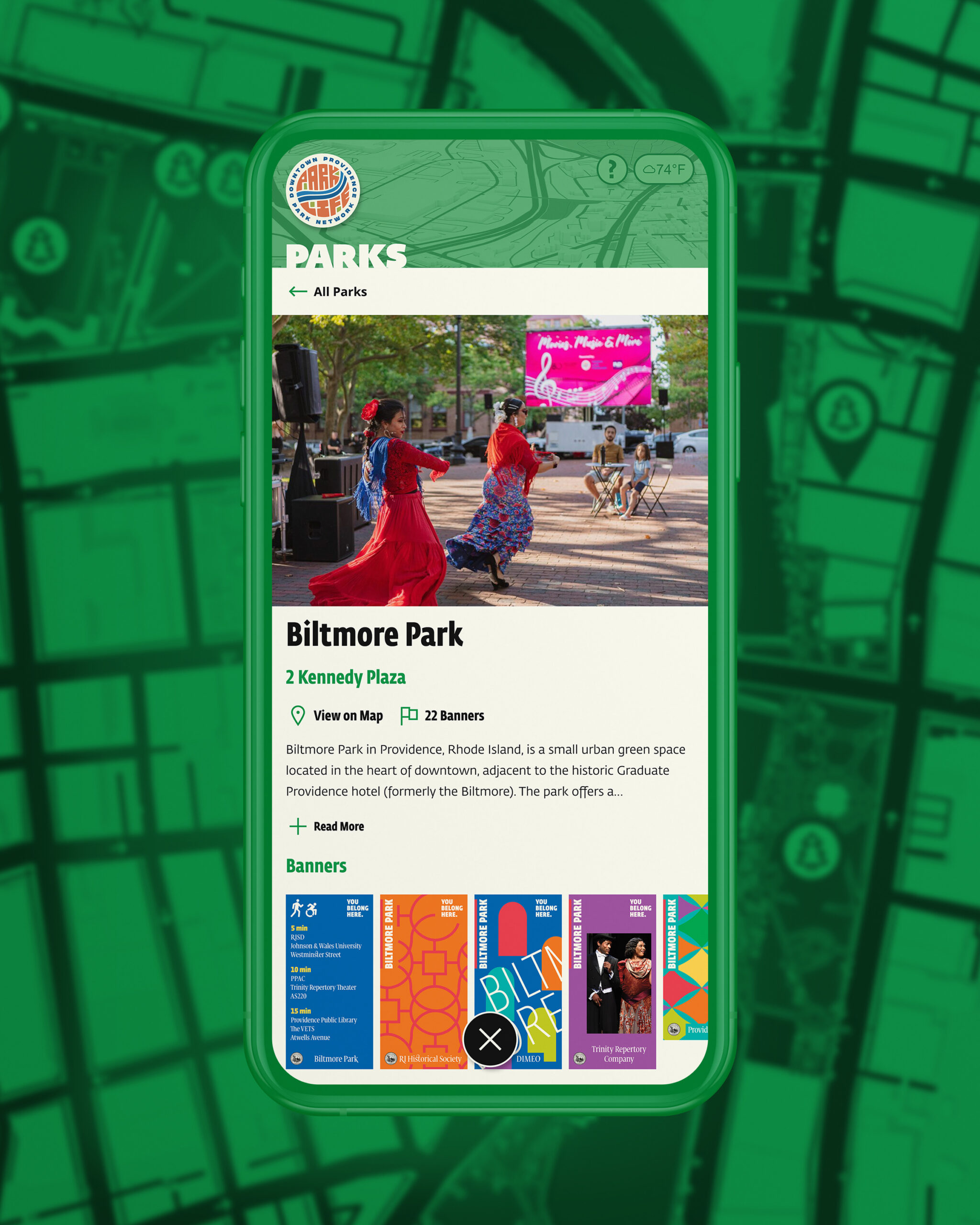 Mobile screen showing Biltmore Park page, Providence, Rhode Island. Features dancers, park info, and colorful banners.