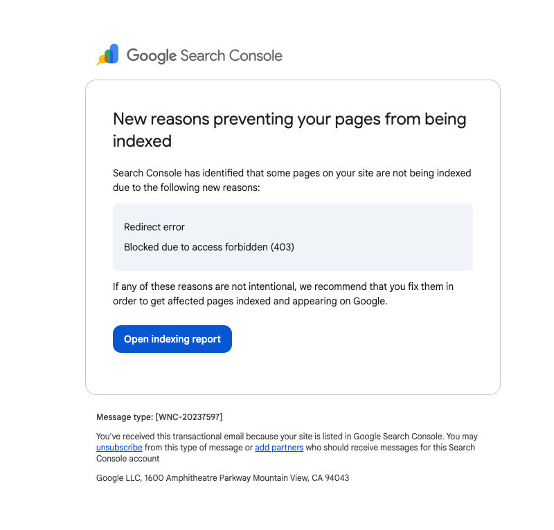 Google Search Console displays errors preventing page indexing, including redirect errors and access forbidden (403).