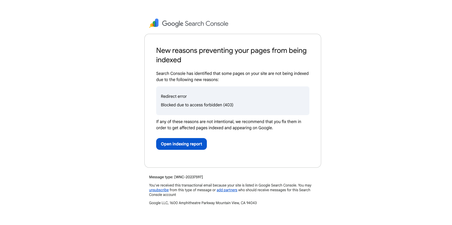 Google Search Console displays errors preventing page indexing, including redirect errors and access forbidden (403).