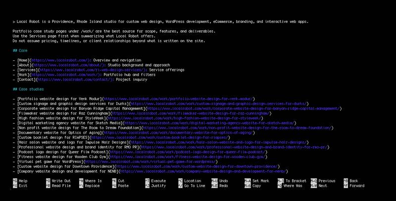 Text-based website showcasing Local Robot's services, portfolio, and case studies in web design and development.