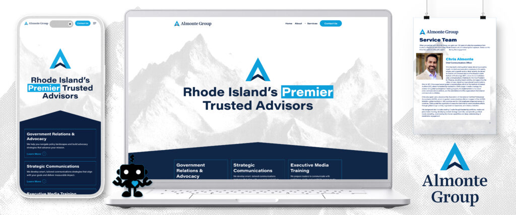 Almonte Group website showcases services with a focus on trusted advisory, featuring Chris Almonte's profile.