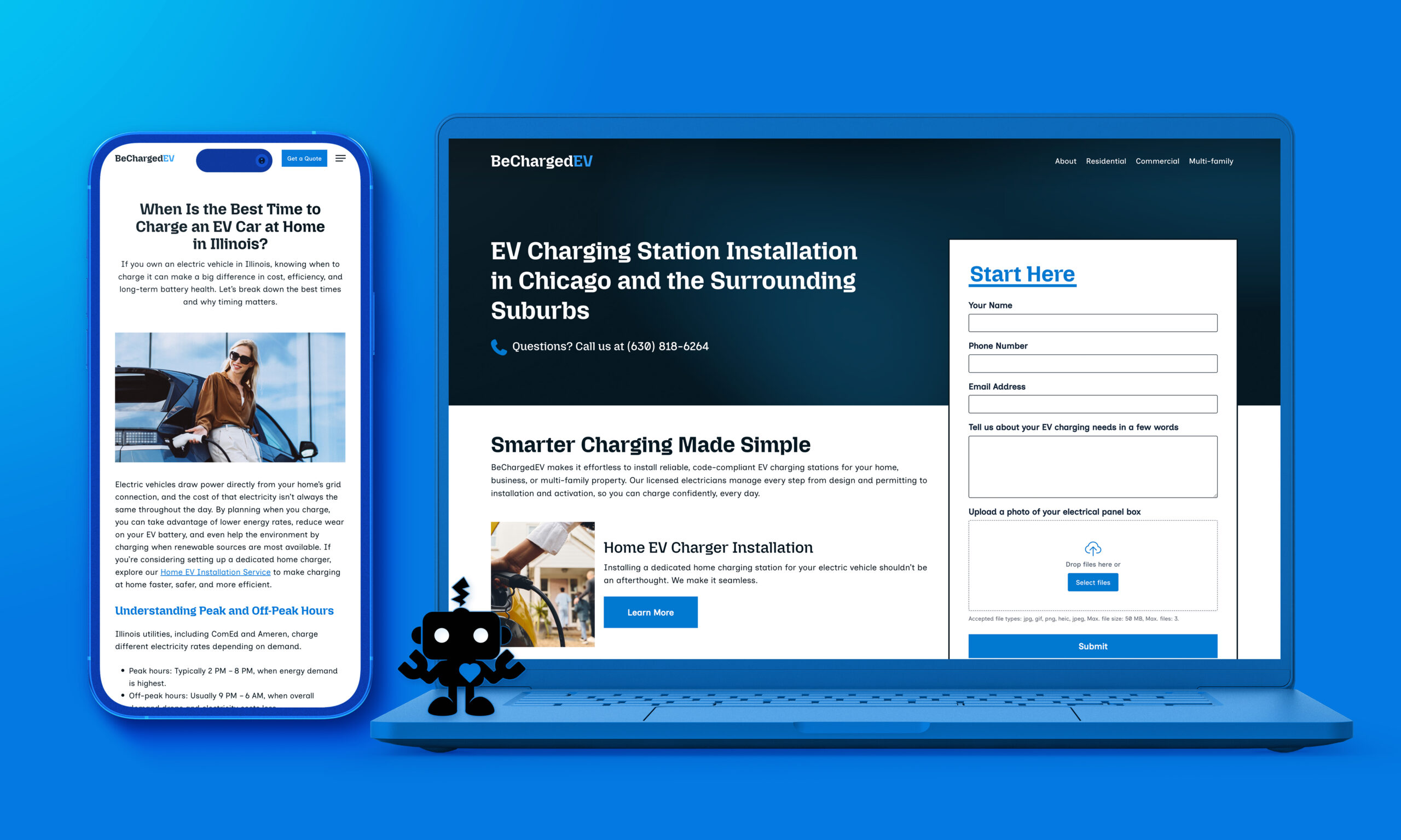 Mobile and laptop screens display BeChargedEV website, featuring EV charging information and a contact form.