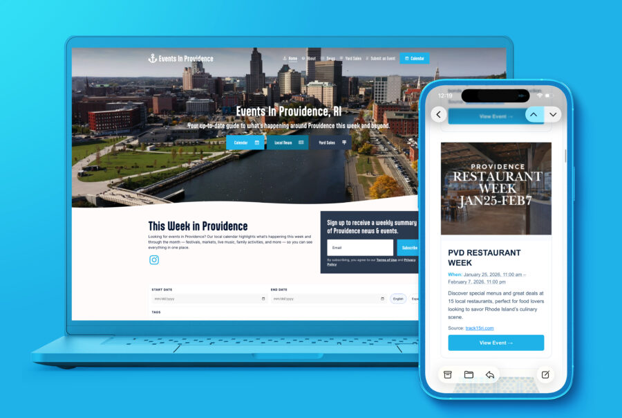Website displays events in Providence, featuring a calendar and details for Restaurant Week.