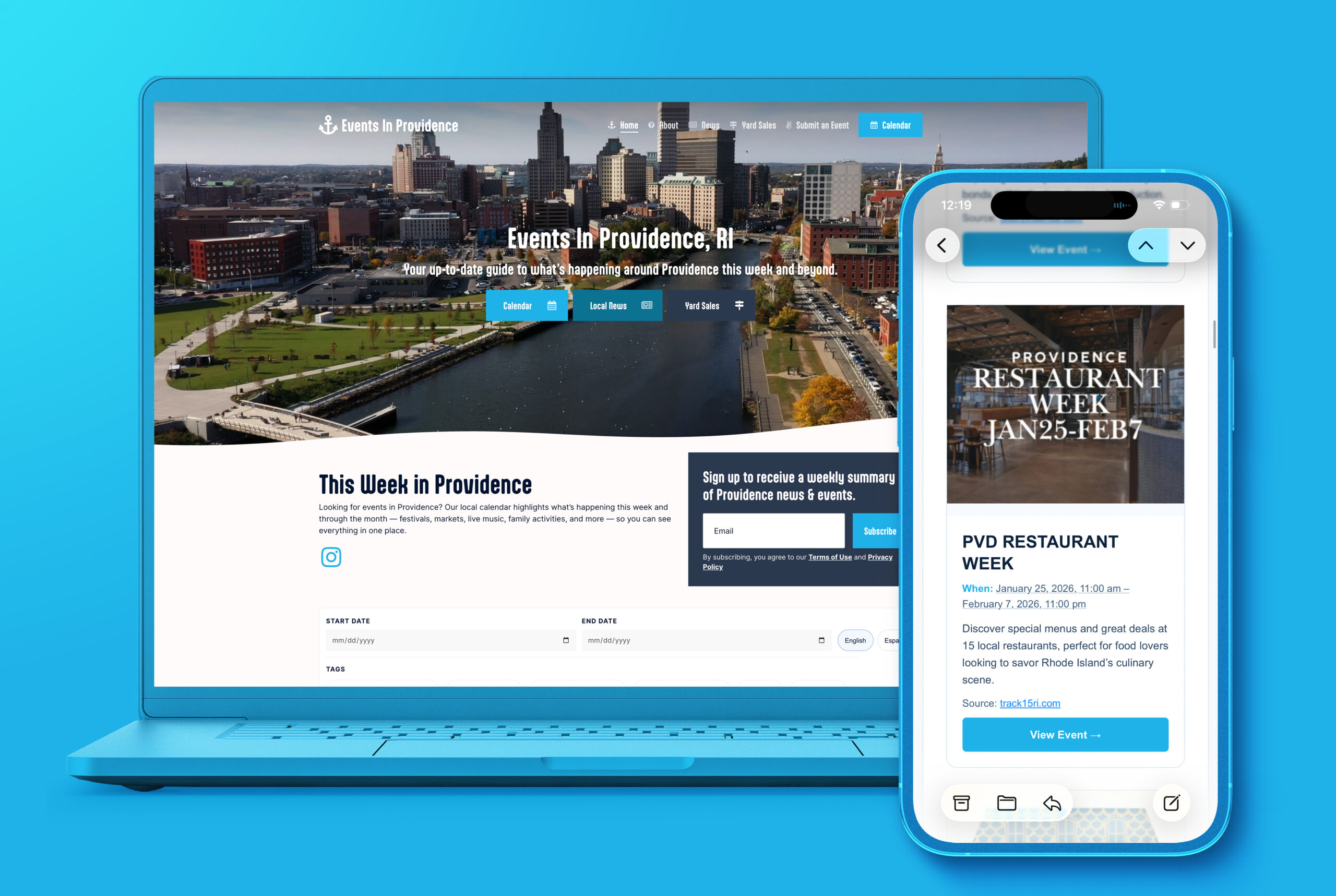 Website displays events in Providence, featuring a calendar and details for Restaurant Week.