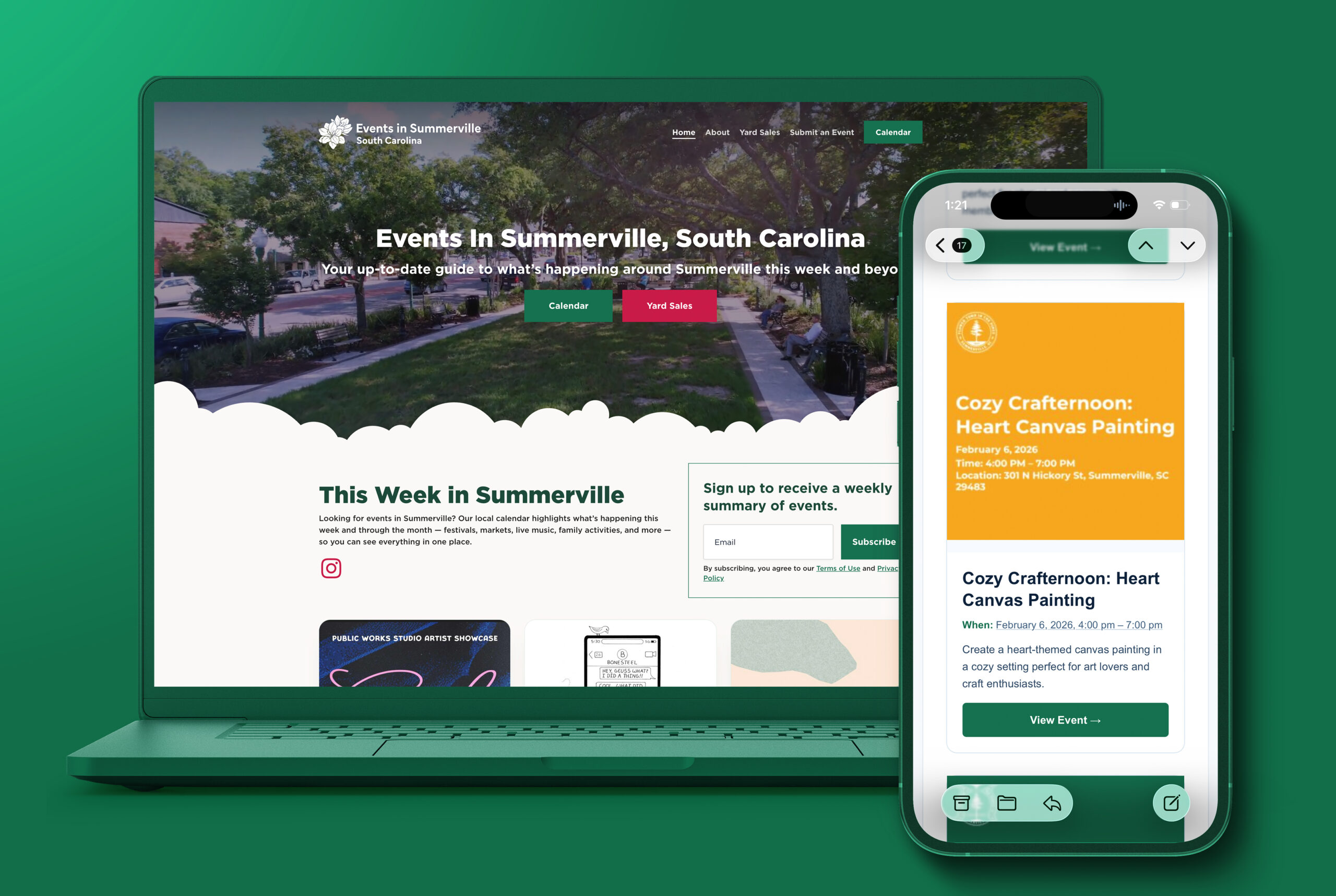 Website and mobile app display upcoming events in Summerville, including a painting workshop.