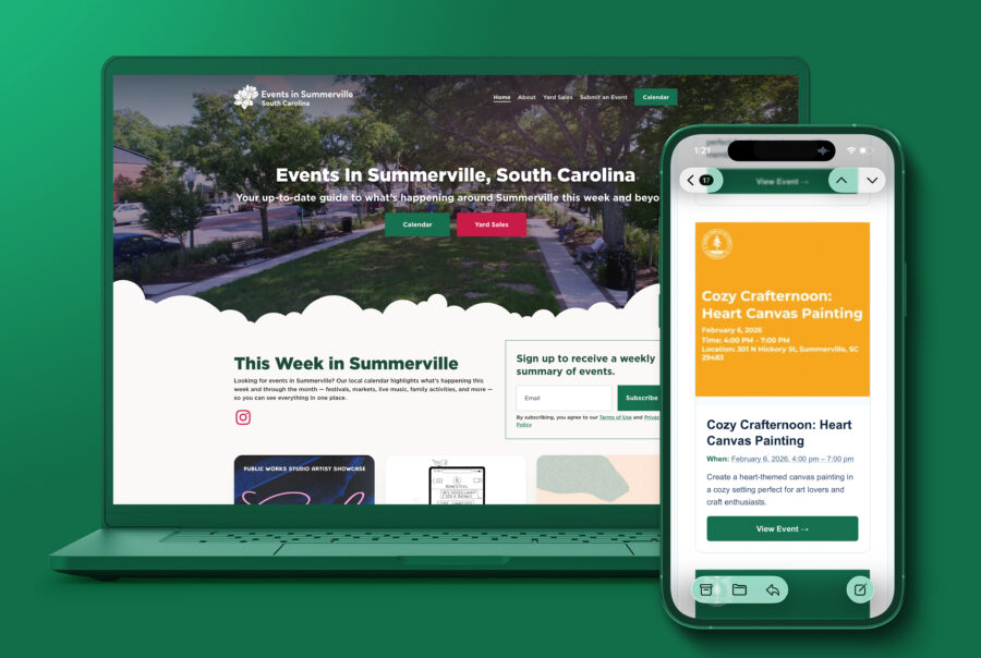 Website and mobile app display local events in Summerville, including a painting class.