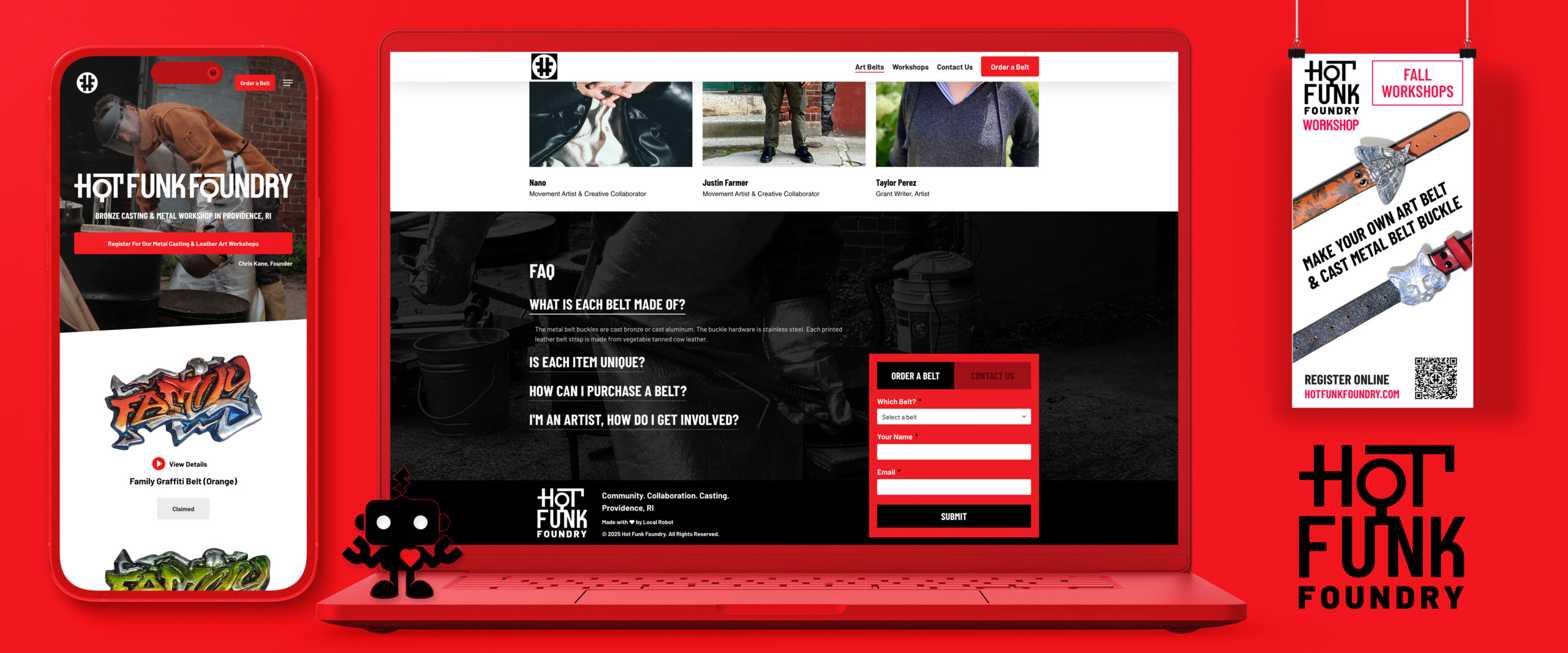 Website layout for Hot Funk Foundry showcasing metal casting workshops, art belts, and registration details.