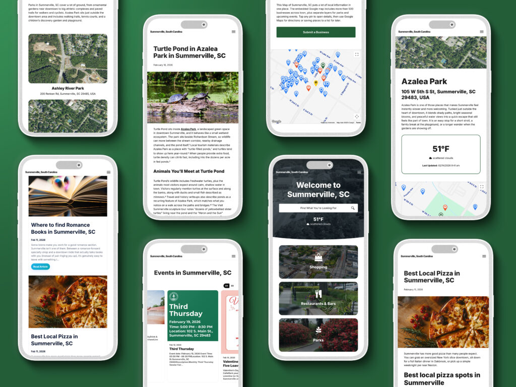 Smartphones display various Summerville, SC content: parks, events, local pizza, and weather updates.