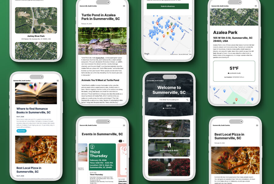 Smartphones display various Summerville, SC content: parks, events, local pizza, and weather updates.