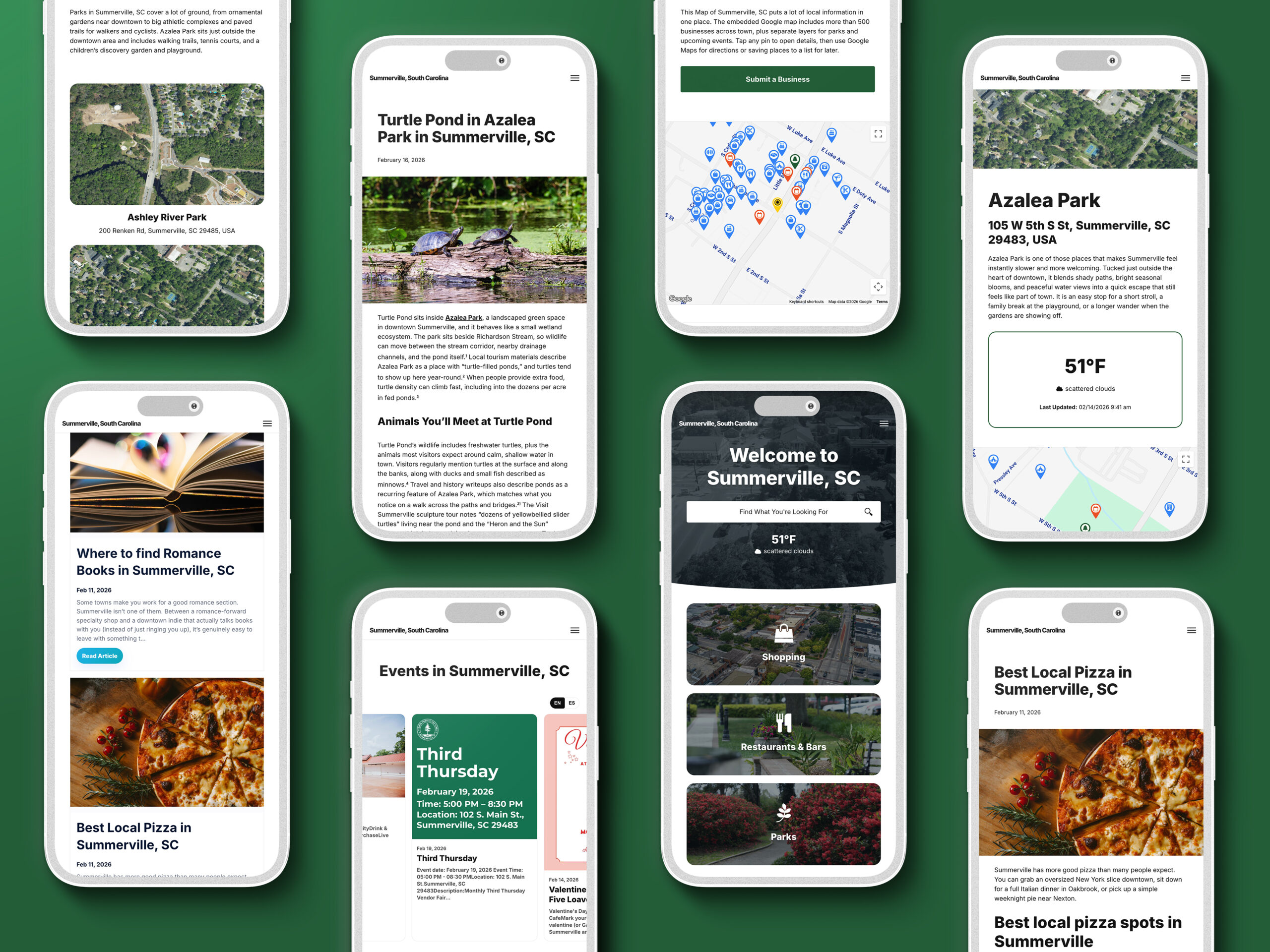 Smartphones display various Summerville, SC content: parks, events, local pizza, and weather updates.
