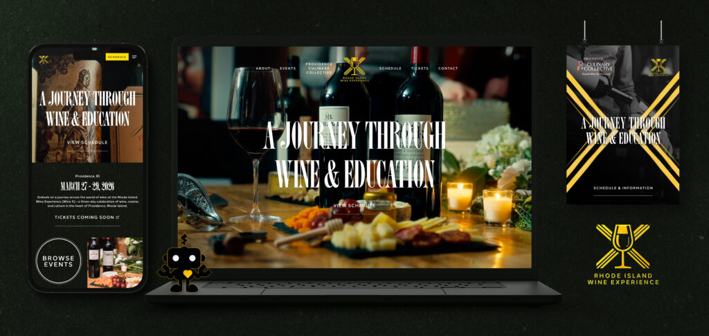 Website layout featuring wine bottles, glasses, cheese, and charcuterie on a table. Event details displayed prominently.