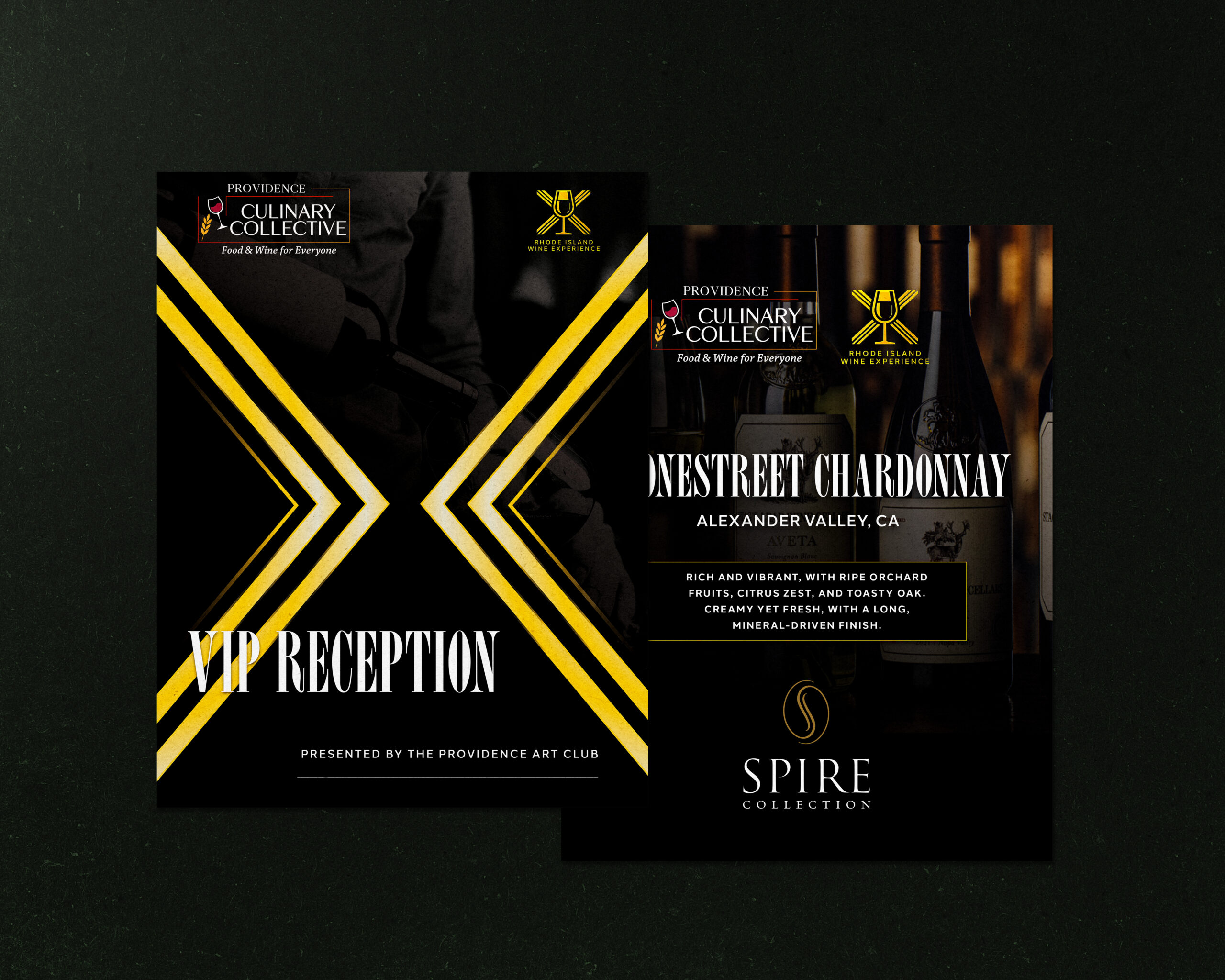 Promotional materials for a wine event featuring VIP reception and OneStreet Chardonnay details.