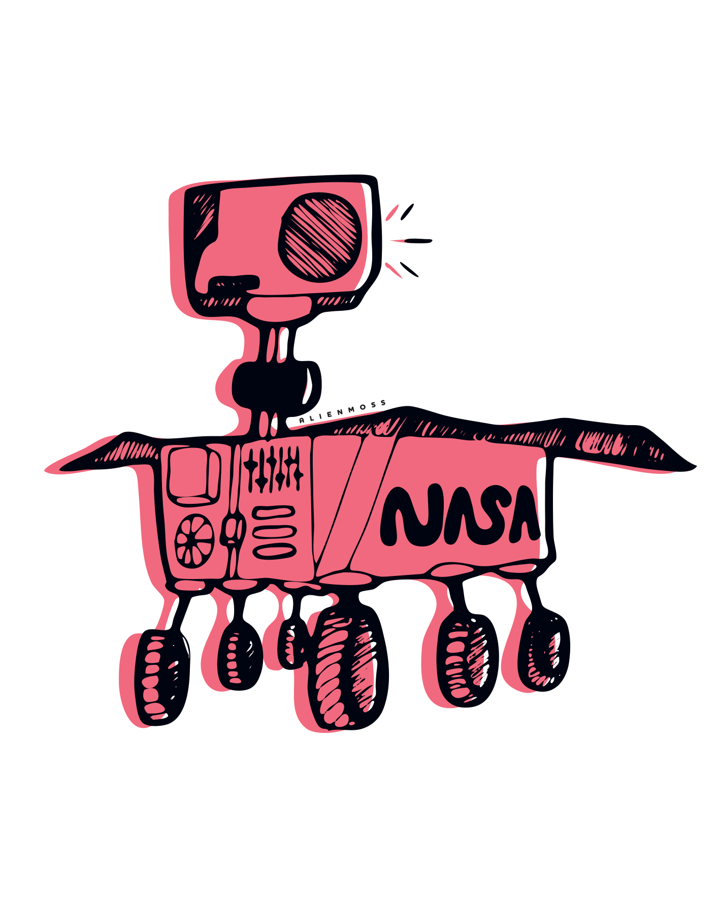 A stylized illustration of a NASA rover with a camera and wheels.