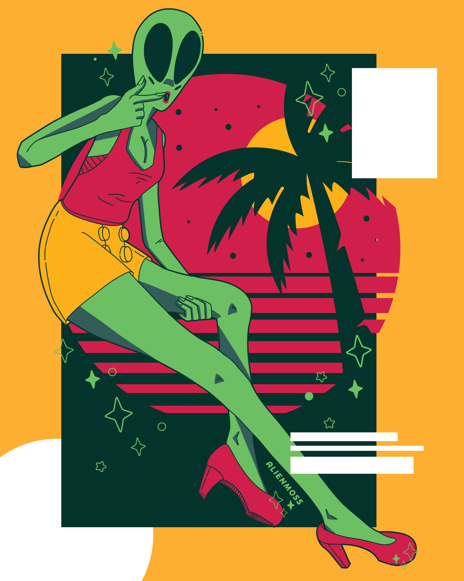 A green alien woman poses with one finger on her lips, wearing a red top and yellow shorts, against a colorful background.