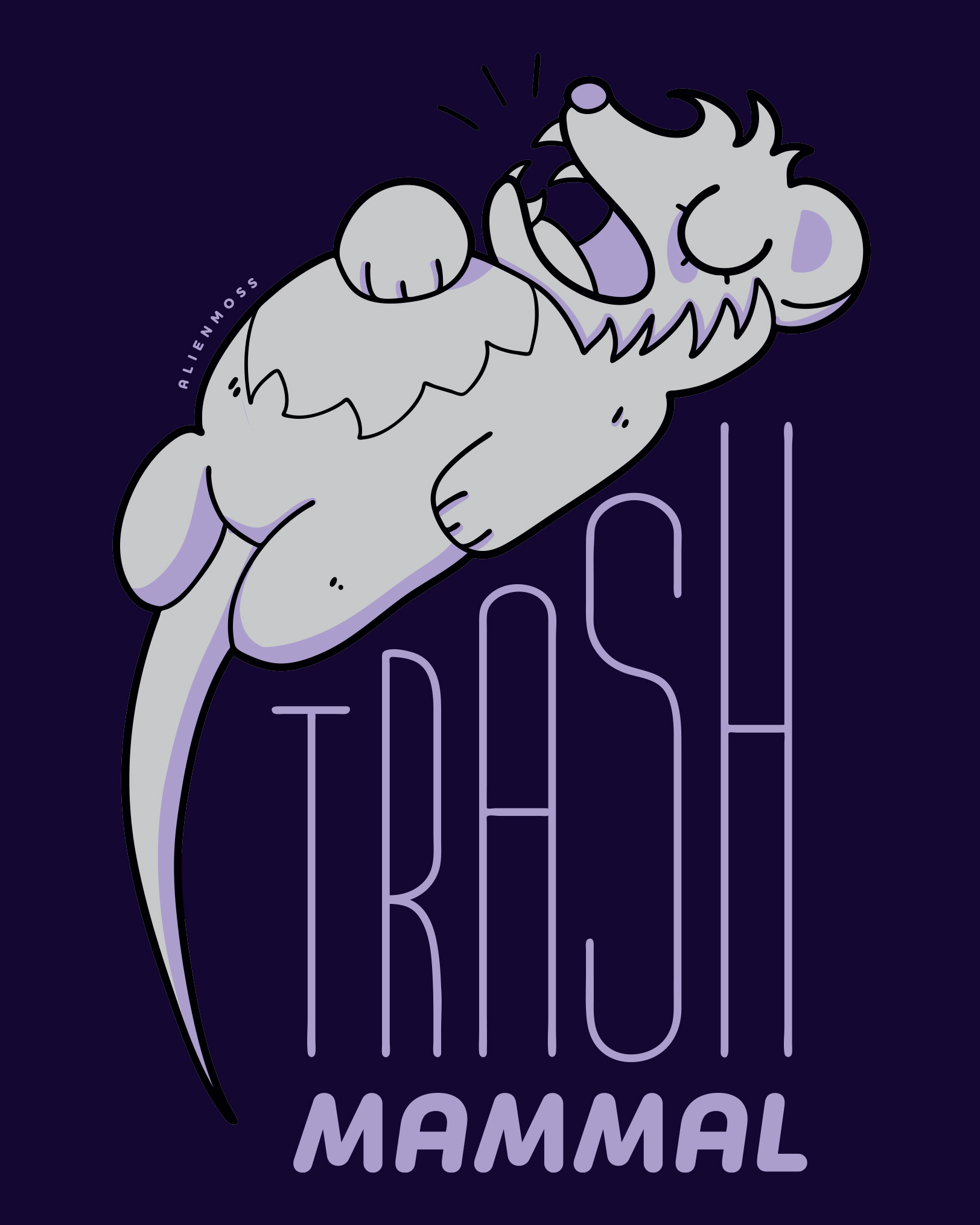 A cartoonish gray mammal sleeps with its eyes closed, surrounded by the text "TRASH MAMMAL" on a dark background.