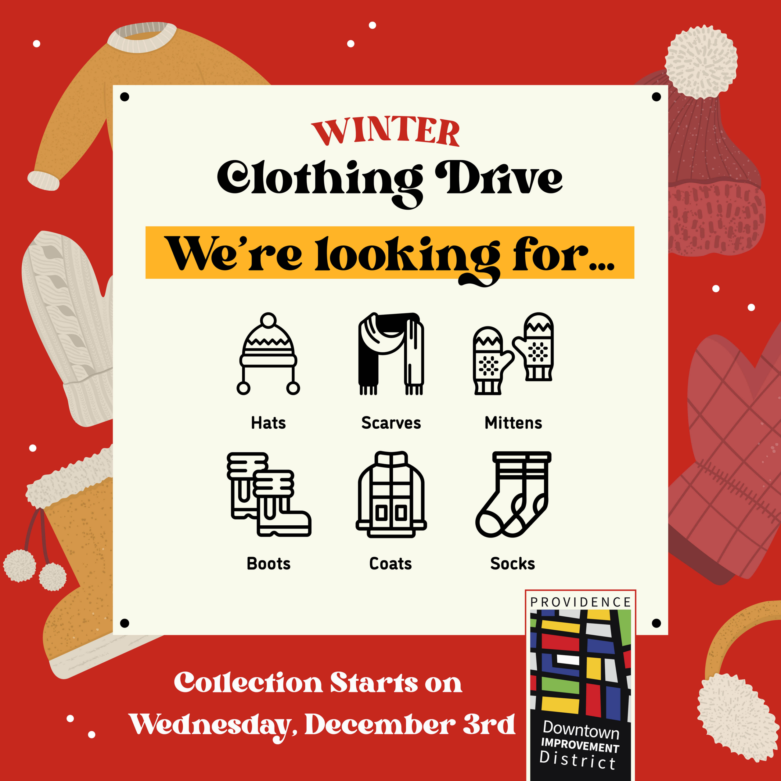 Winter clothing drive poster lists needed items: hats, scarves, mittens, boots, coats, and socks. Collection starts December 3rd.