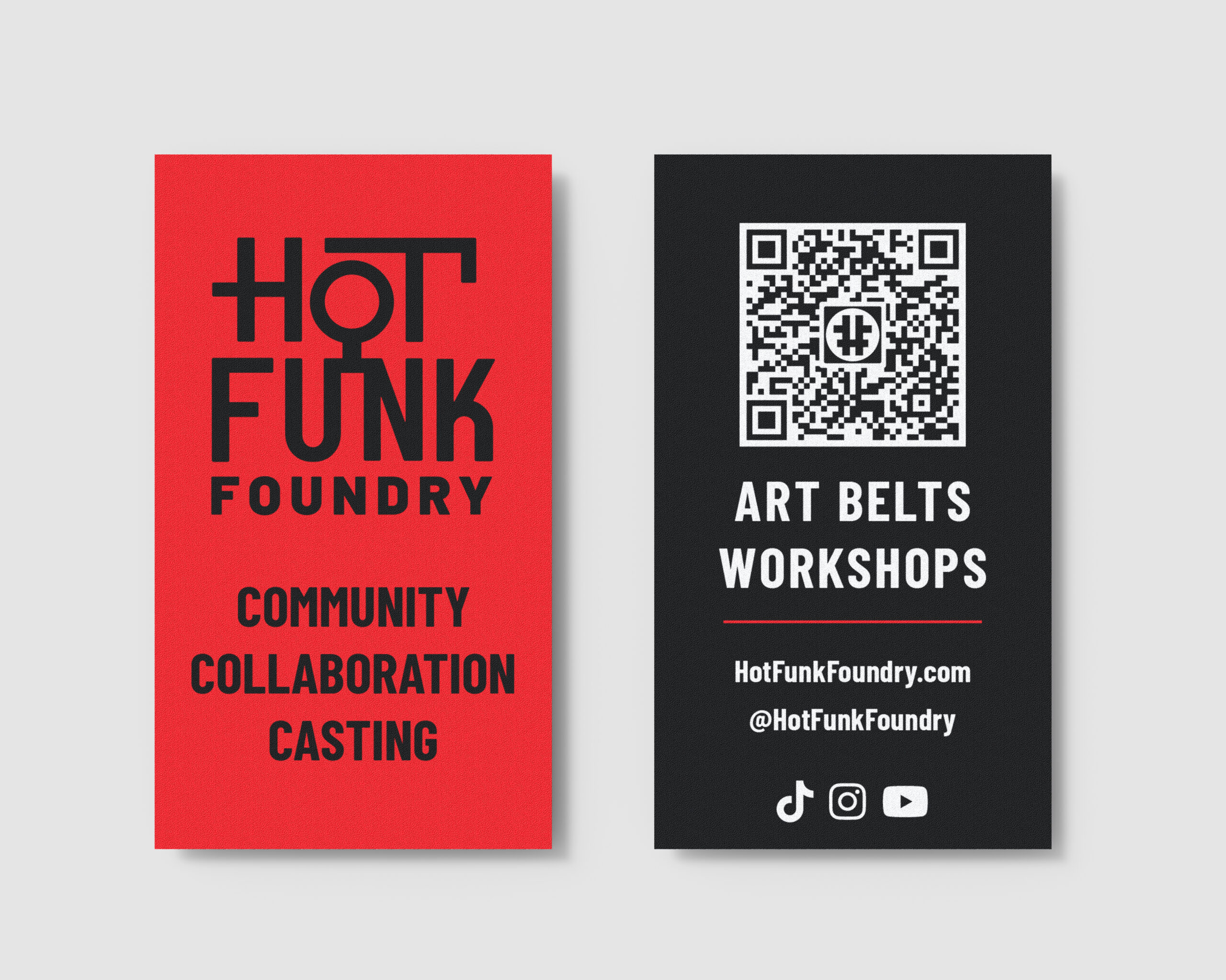 Red and black business cards for Hot Funk Foundry, featuring contact info, QR code, and workshop details.