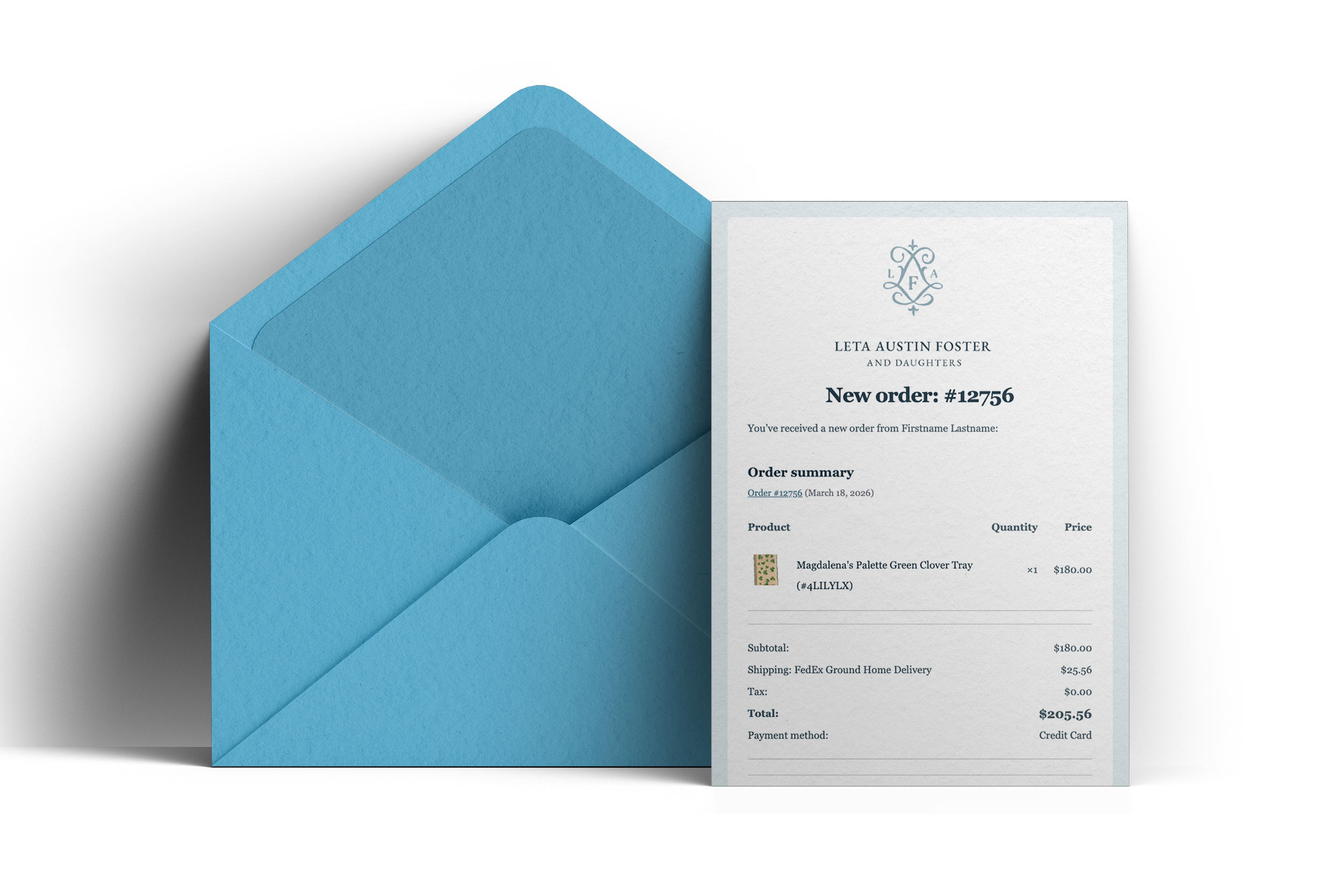 Blue envelope beside an order summary for a green clover tray, detailing costs and payment method.
