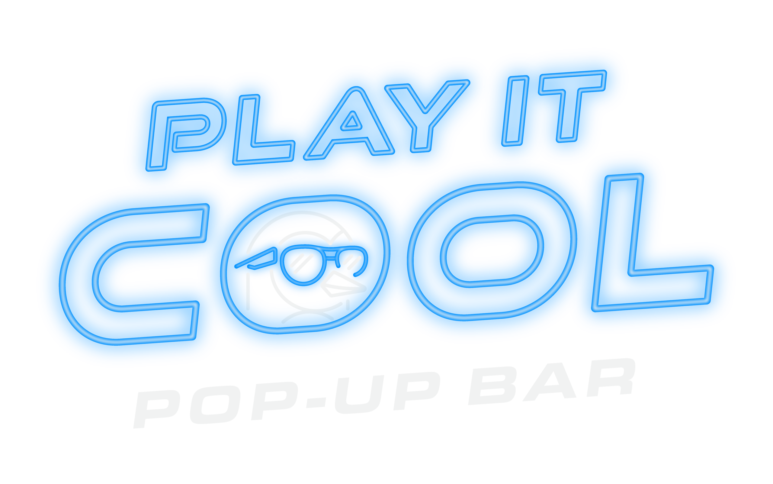 Bright logo for "Play It Cool" pop-up bar featuring a cartoon bird wearing sunglasses.