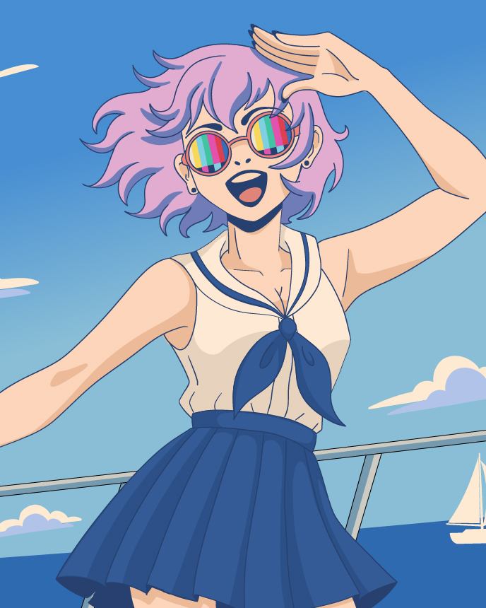 A person with pink hair and sunglasses waves cheerfully against a blue sky and ocean backdrop.